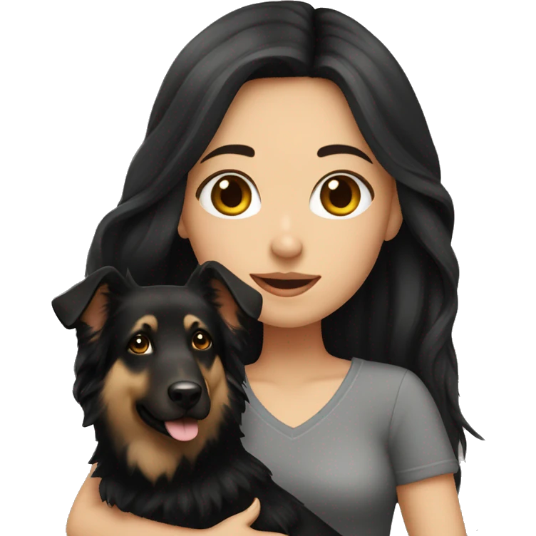 A white girl with long black hair holding a German Shepherd emoji
