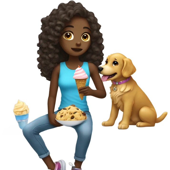 A girl with a golden retriever eating ice cream she has curly hair her skin is black emoji