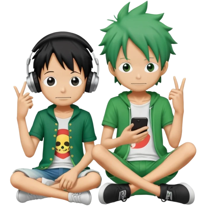Green Luffy and green Alastor listening to music together emoji