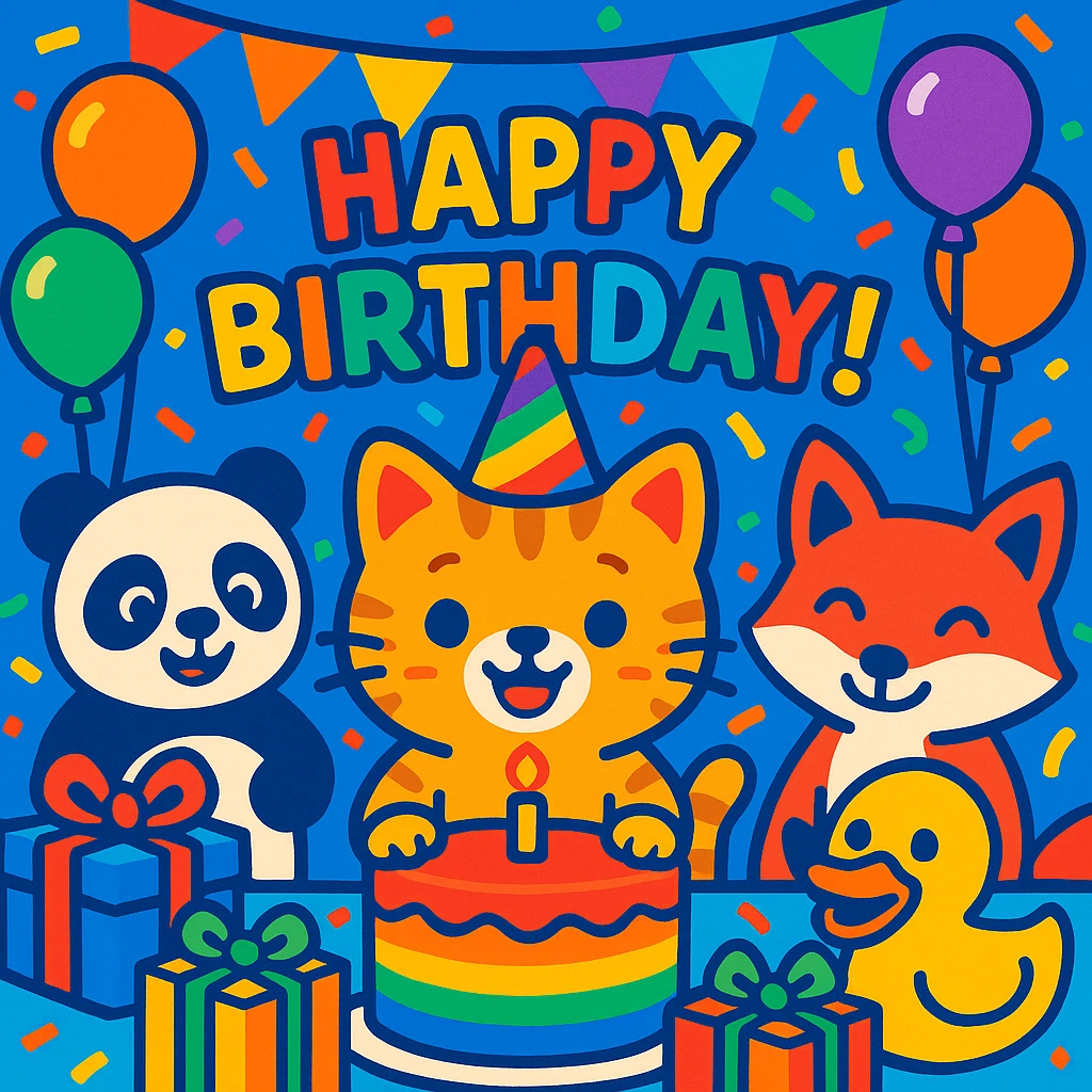 vibrant-toon style birthday party scene with a rainbow color theme including rainbow balloons, multicolored decorations, confetti, a large rainbow birthday cake, gifts, and a festive atmosphere. Main character is a ginger tabby kitten wearing a birthday hat, surrounded by a panda, fox, and duck also celebrating. Prominent 'Happy Birthday!' message included in the scene. emoji