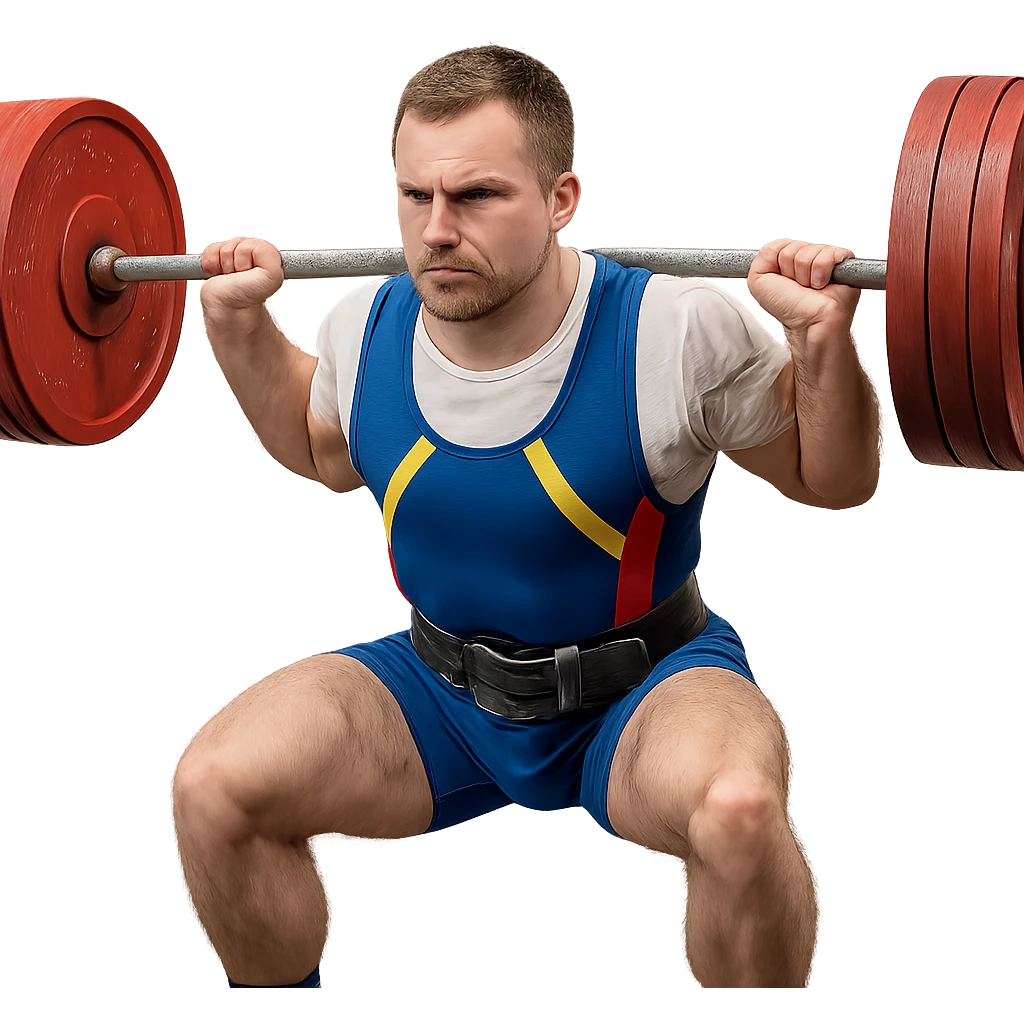 European powerlifter in competition, starting squat pose, determined look, competition clothing, realistic atmosphere, isolated on white background emoji
