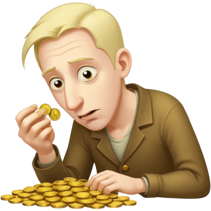 A hunched man with a greedy expression and a long nose counting his coins emoji