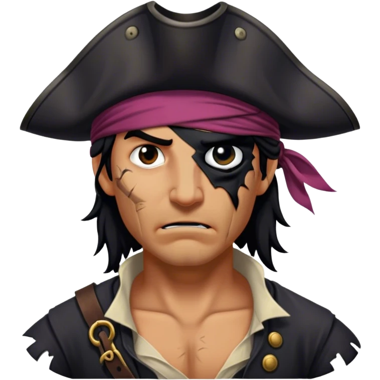 A battle-worn pirate with tangled black hair, a torn eye patch, and a deep scar running down his cheek emoji