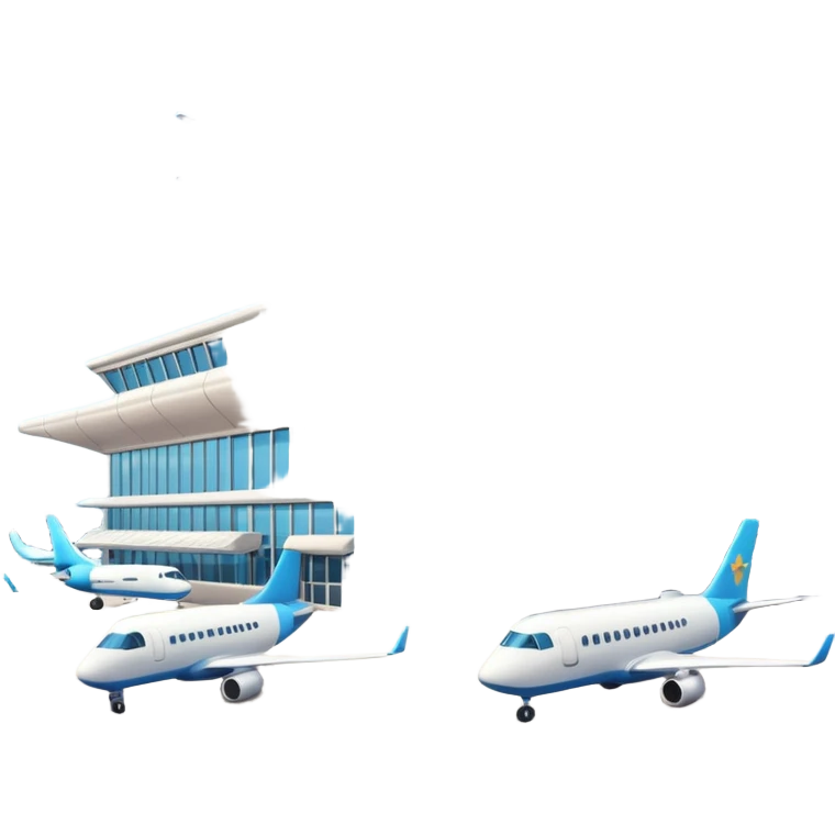 A 3D cartoon airport terminal building with glass windows and airplanes nearby, clean lighting, Memoji-style rendering. emoji