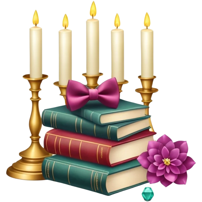 Aesthetic candles, flower petals, bow tie, books, marble stand, gemstones emoji
