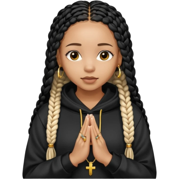 African American girl light skin with long black box braids and plain black hoodie with prayer hands emoji