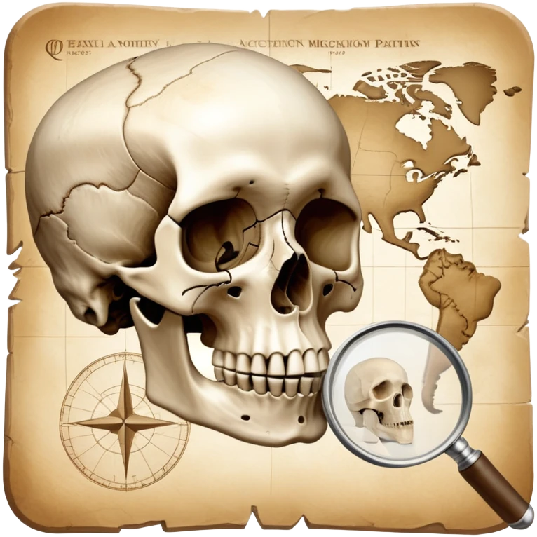 An icon featuring a human skull and fossils, representing anthropology. The design includes a magnifying glass and a map of ancient human migration paths, symbolizing the study of human evolution and cultures. Transparent background highlights the scientific exploration of humanity’s past. emoji