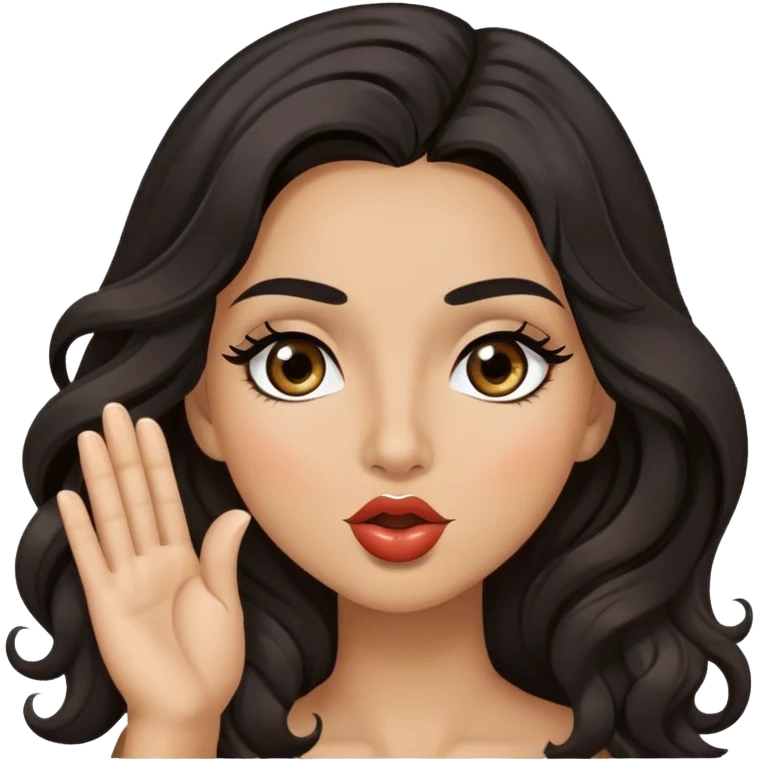 woman with olive skin, brown eyes and long lashes, and long black wavy hair blowing a kiss emoji