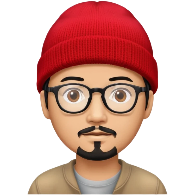 Asian man with black goatee, glasses, wearing a small red beanie emoji