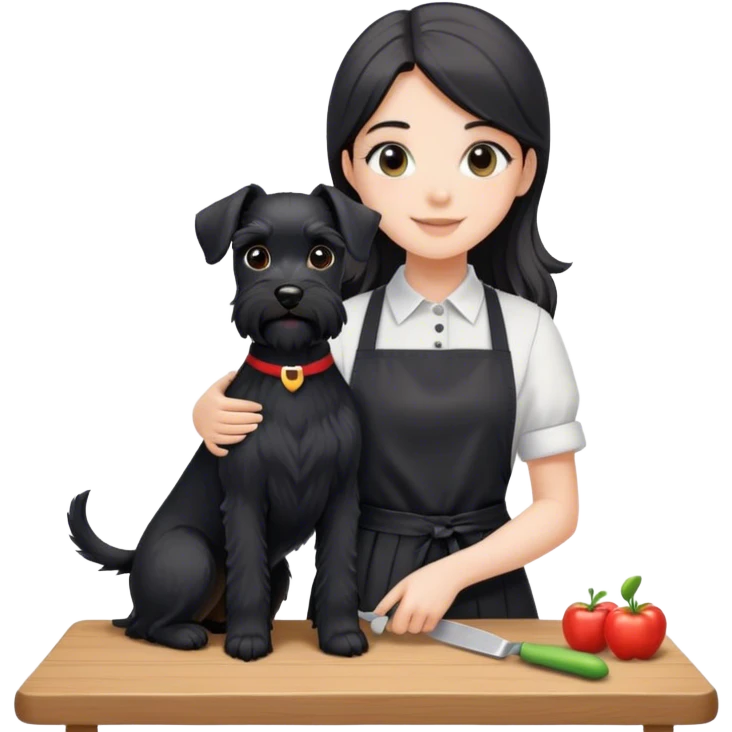 pale smiling girl with long back hair wearing black long shirt wearing apron holding black  schnauzer emoji