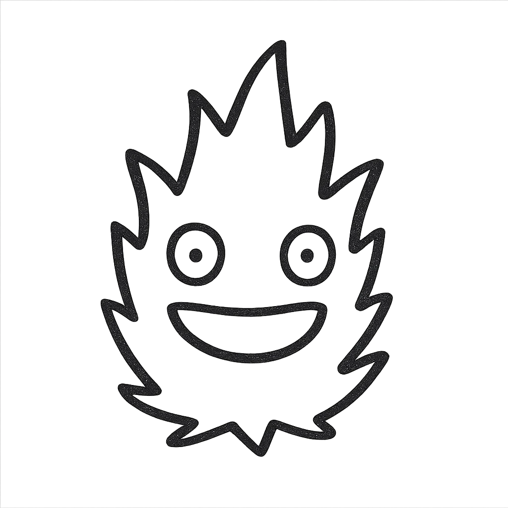 Simplify the design of Calcifer, make the face clear and expressive, use a transparent background, and ensure the flame shape is bold and recognizable even at small size, suitable for a Notion page emoji. emoji