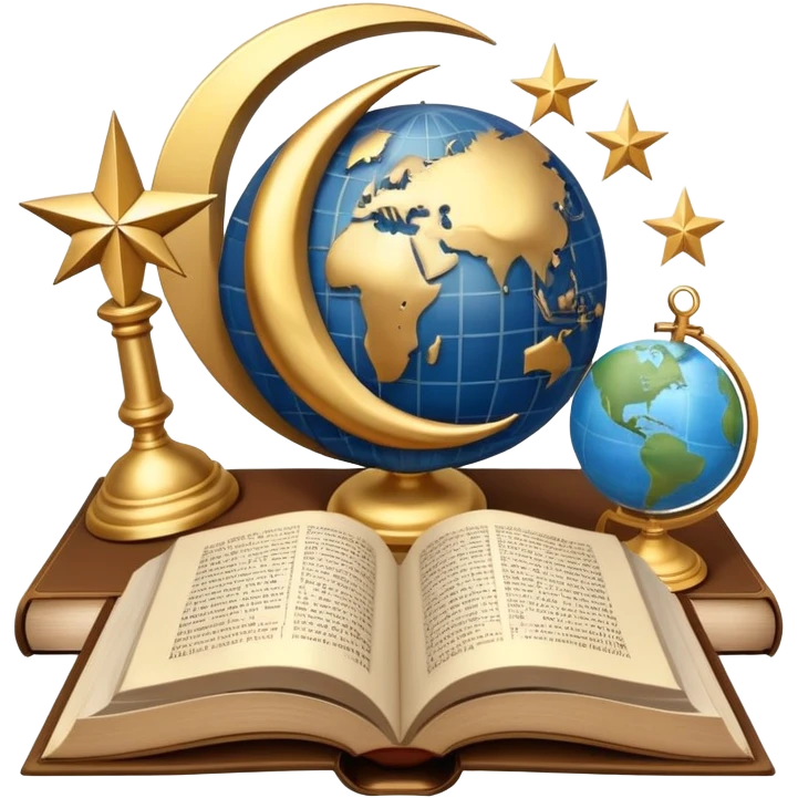 An icon featuring a sacred book, a cross, a crescent moon, and a star, symbolizing the study of religions. The design includes diverse religious symbols and a globe, representing global beliefs and spiritual practices. Transparent background highlights the exploration of faiths and traditions. emoji