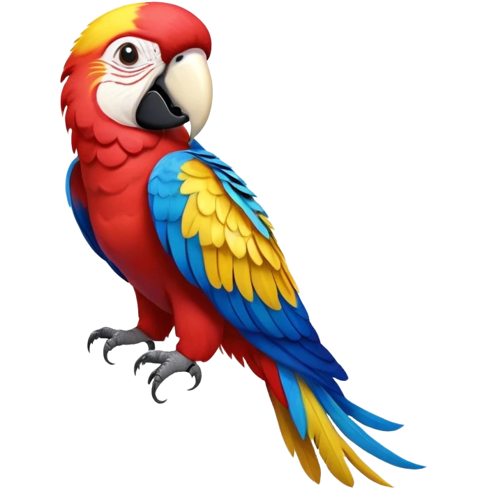 cinematic-macaw-realistic-full-body-standing-emoji,-vibrant-feathers-glowing-with-rich-reds,-blues,-and-yellows,-head-tilted-dramatically,-curved white-beak-gleaming,-piercing-dark-eyes-exuding-confidence,-simplified-yet-realistic-focused emoji