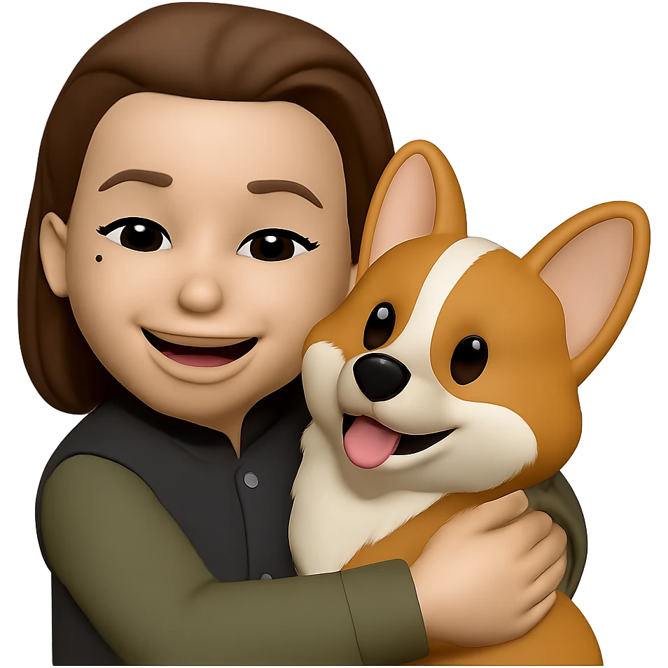 make her hugging a corgi dog, keep the same style emoji
