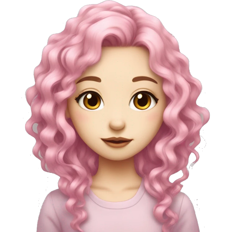 girl with pink hair, long curly hair, cat cars, pale skin, long lashes, eyeliner, asian, cute emoji