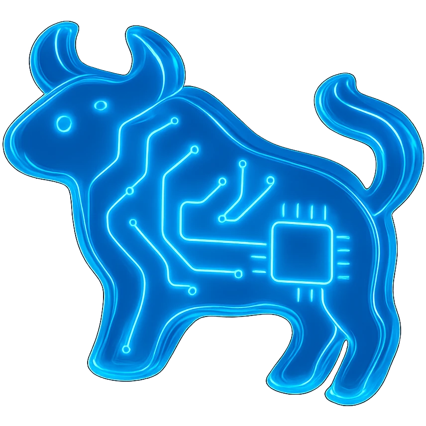 Make the minimalist bull icon much more abstract with electric blue digital circuit lines, in glossy circuit style. emoji