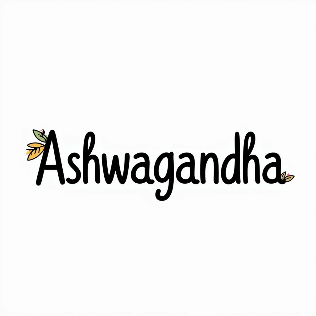 The word "Ashwagandha" hand-drawn in white text with a dark background and just a few colorful accents. Simple doodle style with minimal decoration. emoji