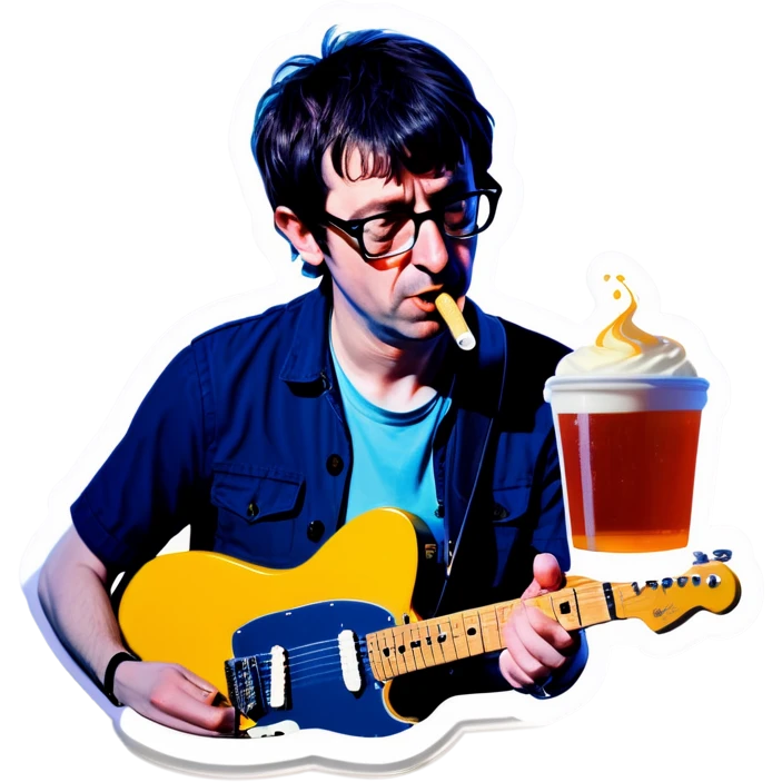 Blur guitarist Graham Coxon is playing the butterscotch telecaster and drinking a cup of soju. emoji