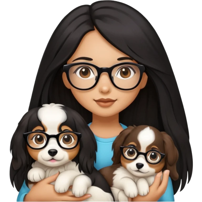 A beautiful girl with long black hair and glasses is holding a long-haired white and brown puppy emoji