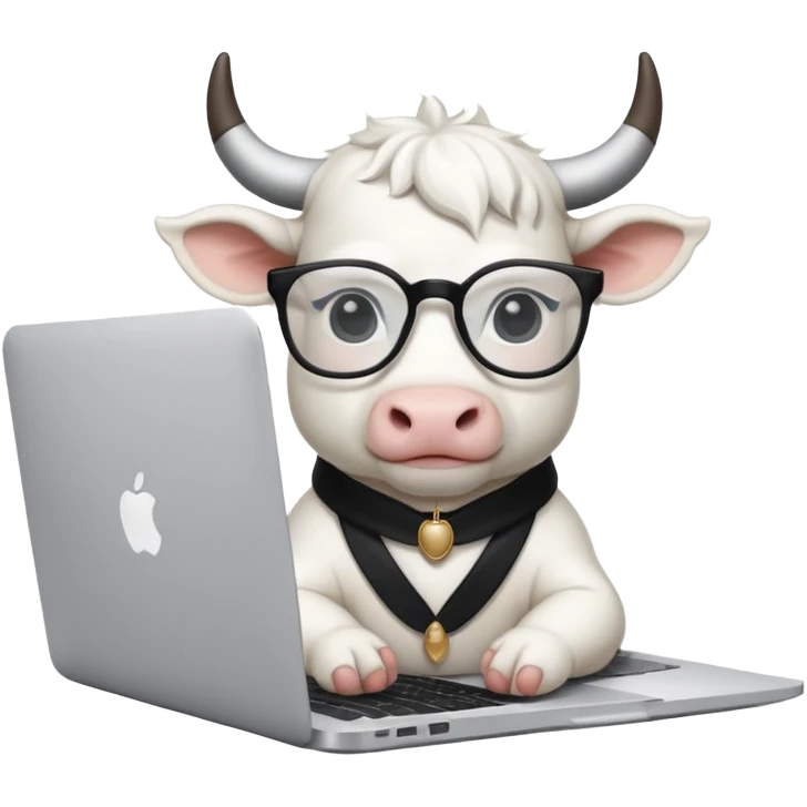 baby white bull in fancy glasses sitting in front of a macbook, working  emoji