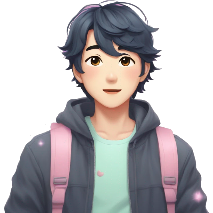 Gorgeous bright sparkly romantic Asian anime pastel guy with blushing face aesthetic trending style outside emoji