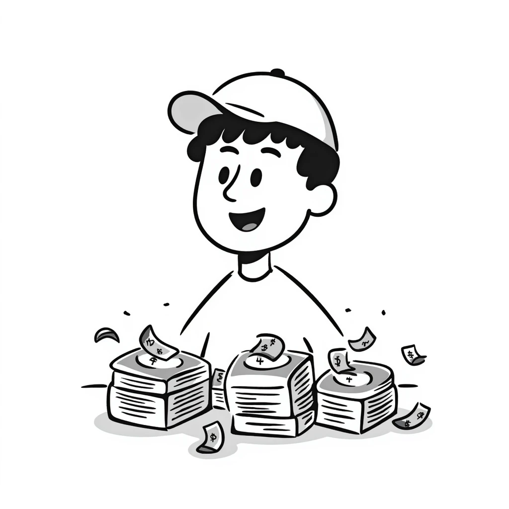 white man with a white cap playing with money, hand drawn doodle style emoji
