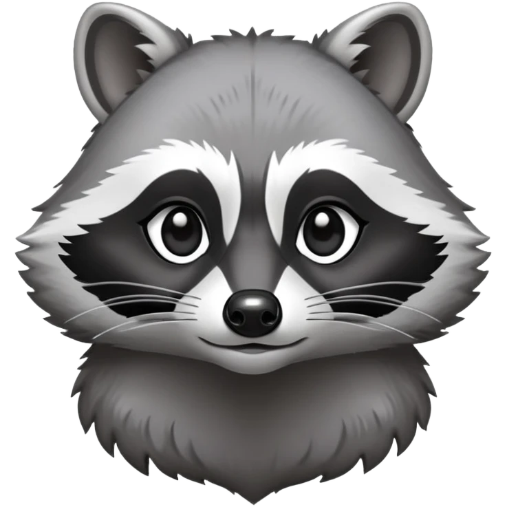 Cinematic-Noble-Raccoon-Portrait-Emoji – Poised and confident, with a sturdy build and a beautifully textured fur of silver-grey accented by dark black facial markings, deep-set, large big black eyes revealing no white, simplified yet sharp and sophisticated zoom out to show shoulders emoji