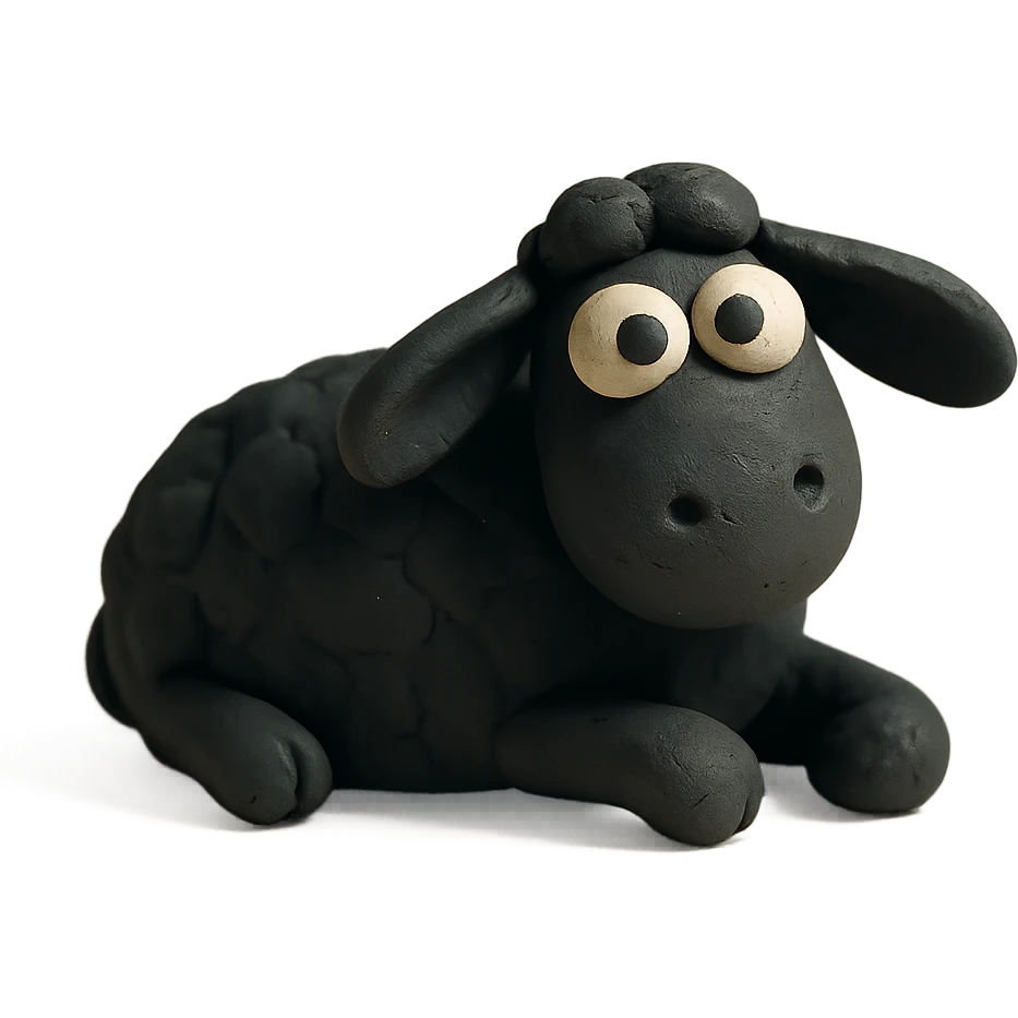 black sheep lying down, whimsical and playful, matte finish, claymation style emoji