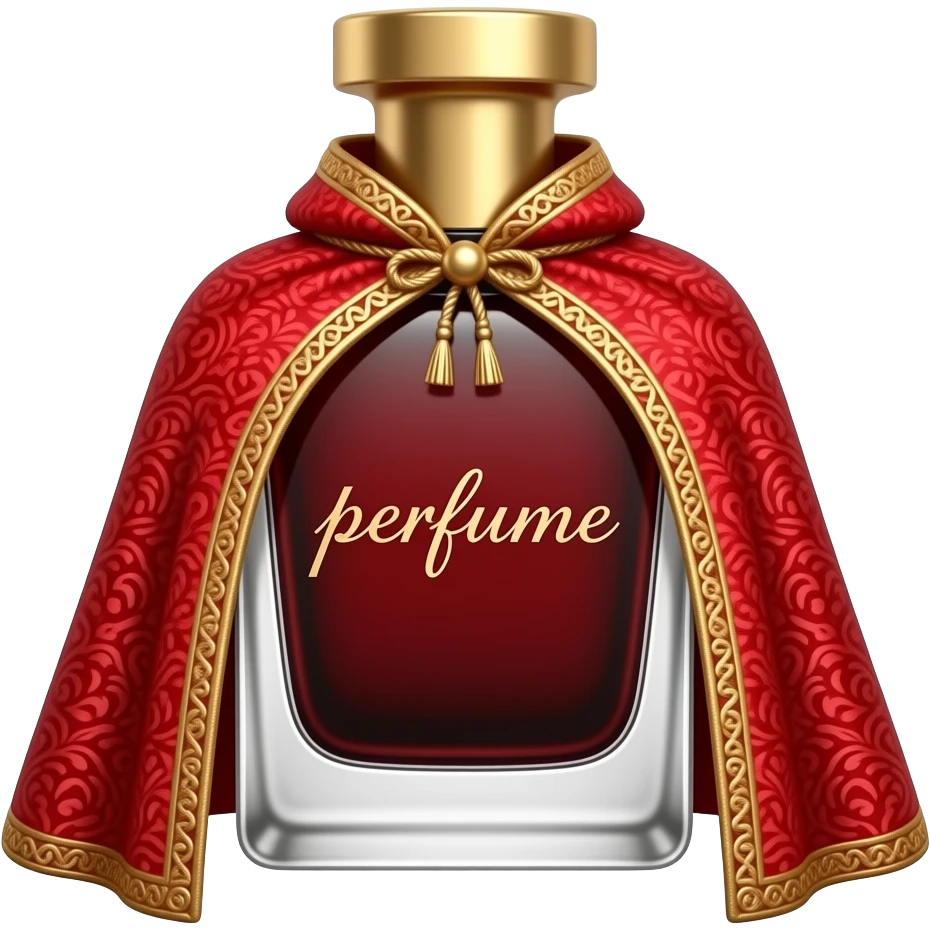 Духи, длинные высокие форма флакона выглядит как плащ, стеклянный. Крышка с блиллиантом красным, а смесь грандиегтовая красно-черная в колбе. Написано «духи» emoji