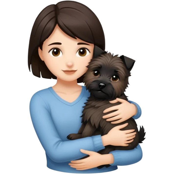 Brunette girl with black cairn terrier hug emoji