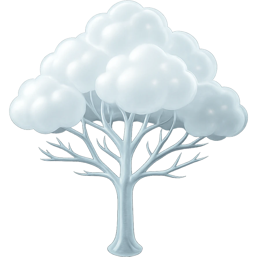 one tree with many branches and a white trunk, crown made of small very bright white fluffy convex clouds, matte glass style emoji