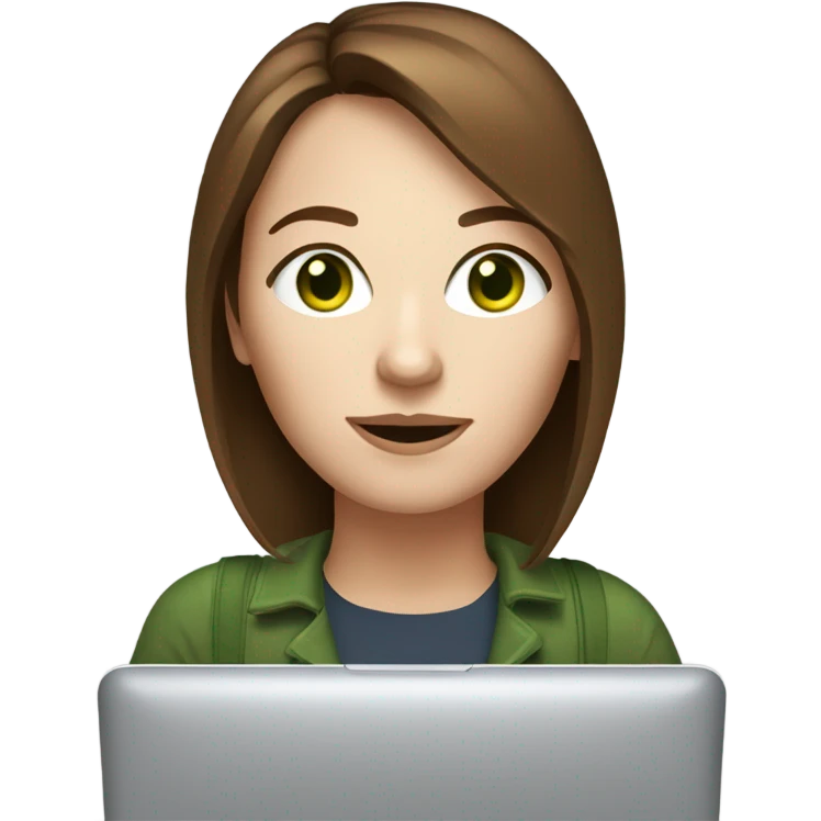 Web designer carrying a pc in her hands. white woman with medium-length brown hair, green eyes and freckles on her nose. emoji