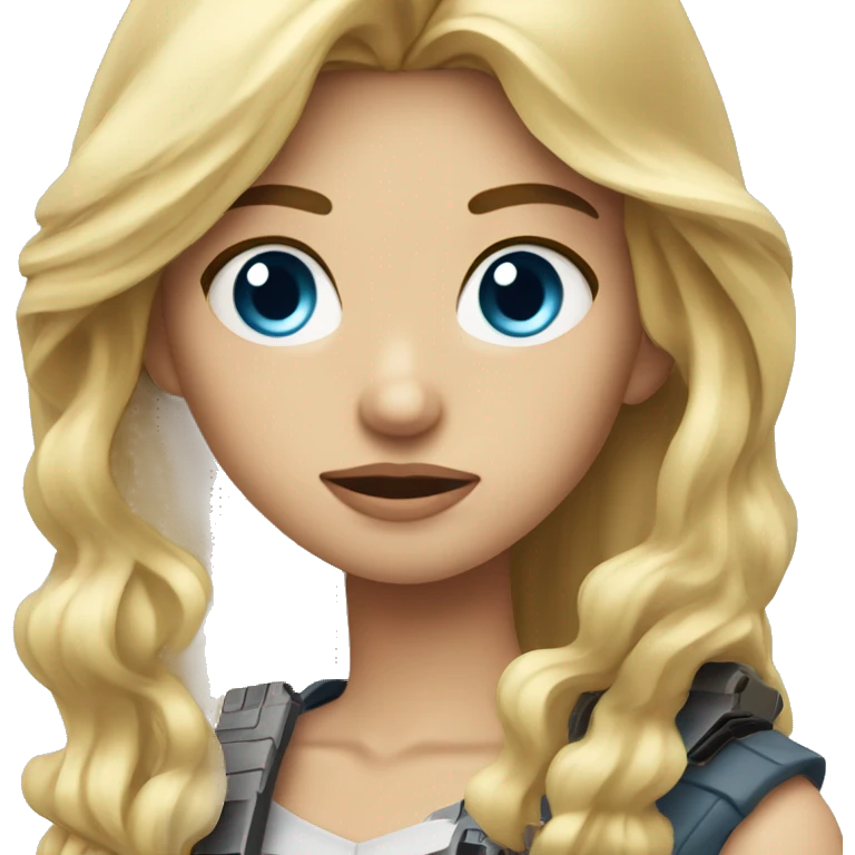 Long Blonde hair blue eyes girl holding gun up while squinting emoji