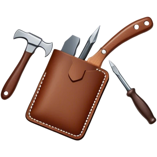 Leatherworking icon, piece of raw leather being crafted into a leather wallet or belt, professional tools like leather stitching awl, edge beveler, hammer, prying tool, minimalistic style, clean lines, transparent background. emoji