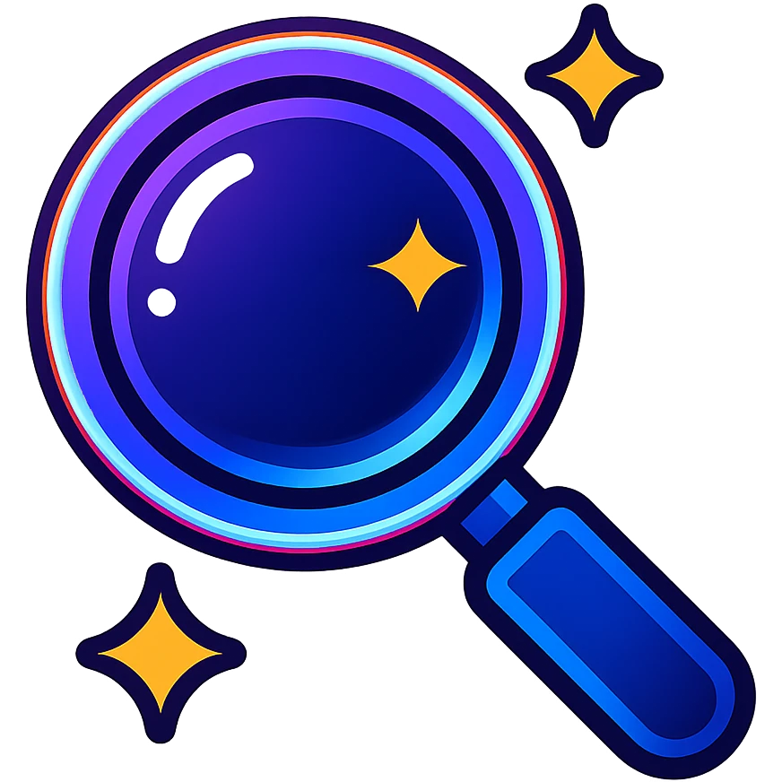 search icon with dark purple, blue, and black base, bright accents, complex gradients, stars, bright neon border, modern clean magnifying glass symbol, glow and lighting effects, sophisticated futuristic icon style emoji