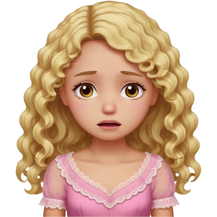 the girl is that criying with tears she has brown eyes and blond long hair curly pink dress  emoji