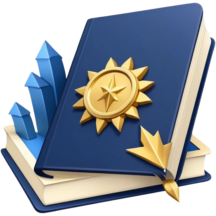 A navy blue productivity book with gold details, chart with upward trend aura, radiating productivity, strategy, and success in motion- emoji