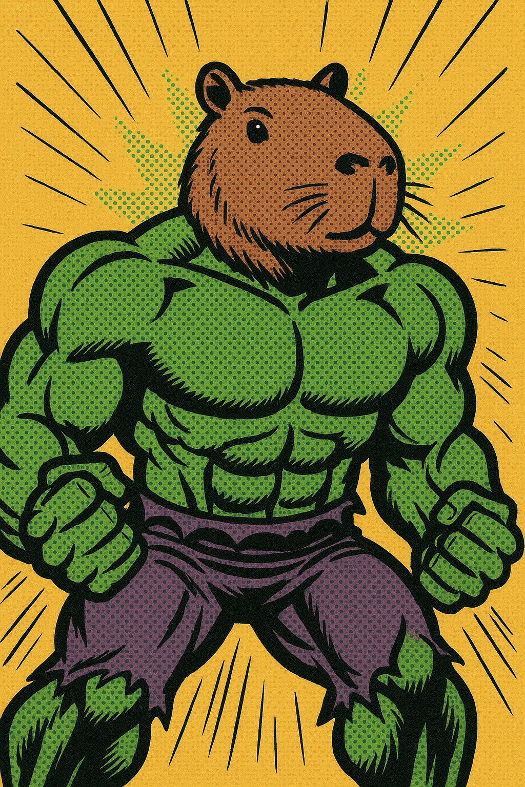 the Hulk's muscular body with a capybara's face, green skin, comic book style emoji