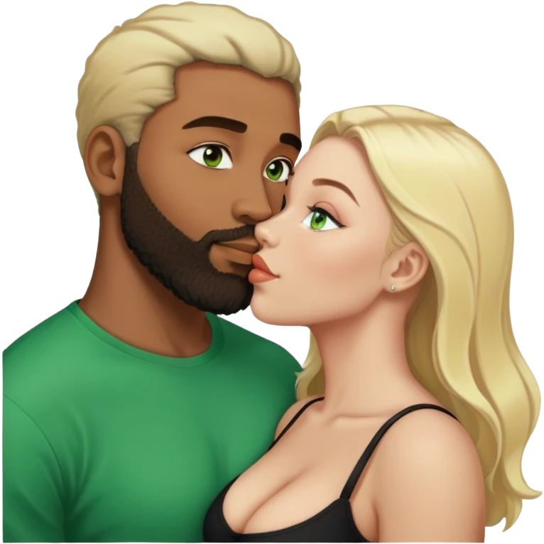 Light skin black man with beard kissing busty white woman with blond hair and green eyes  emoji