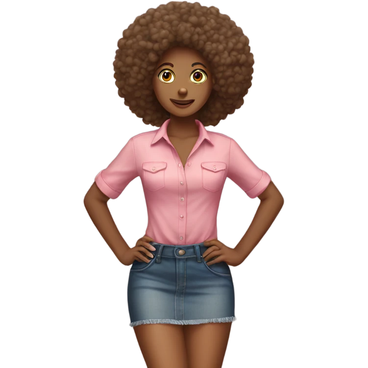 Tan girl with Afro posing full body jean skirt pink shirt emoji
