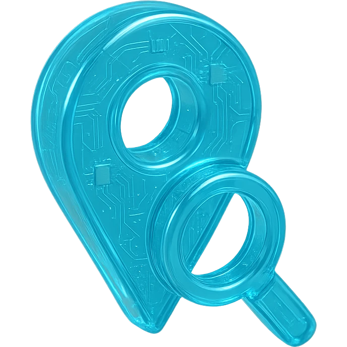 Icon of a map pin with a magnifying glass, cyan blue emoji