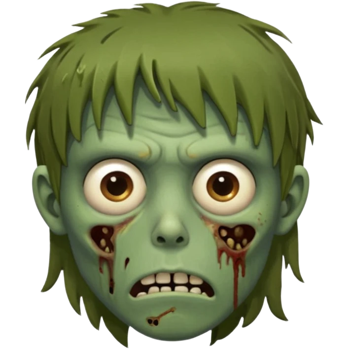 zombie slim youthful face, messy brown fringe, muted green skin tone, tired heavy-lidded eyes with visible under-eye darkness, a neutral slightly bored expression, and an overall low-energy, sleep-deprived, mentally fried vibe, emoji