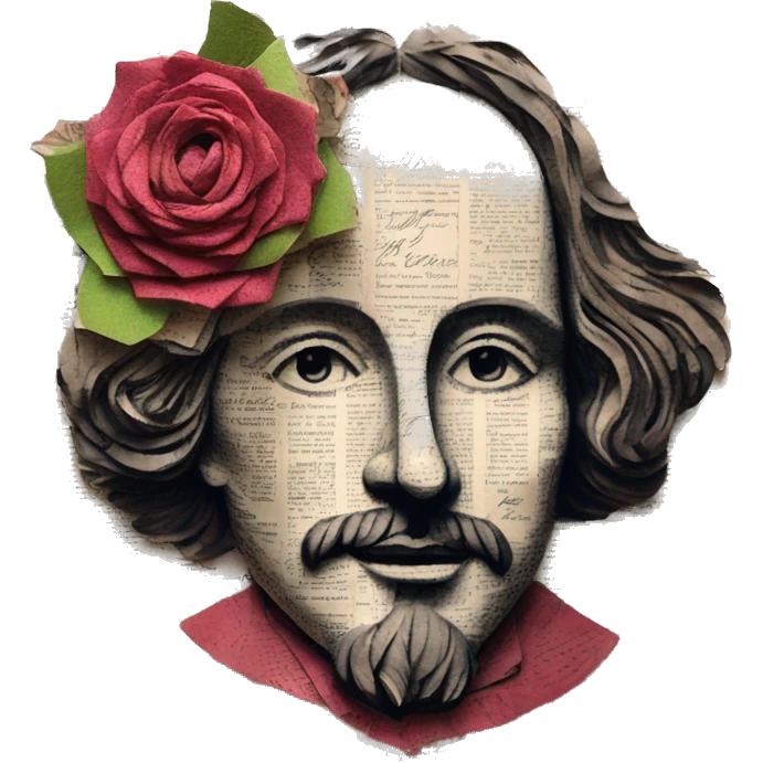Shakespeare made of newspaper cuttings wearing flowers, stained glass, fairy lights, bokeh, annotated sketch, handwritten letters, collage of intricate patterns, roses flowers emoji