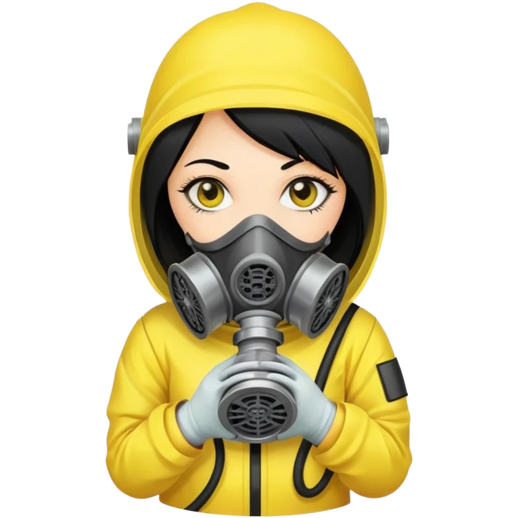 Sticker of a girl with straight black hair, wearing a yellow hazmat suit and a gas mask. Serious atmosphere, cartoon style, radiation danger background. emoji