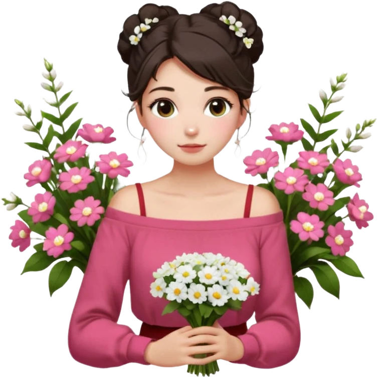 a girl  sitting  near various bouquets of flowers , white and pink flowers . She is holding a single white flower up to her face, Her hairstyle is slightly messy updo, with a few soft strands falling around her face, . She wears a red off-shoulder cardigan and a white long skirt. emoji
