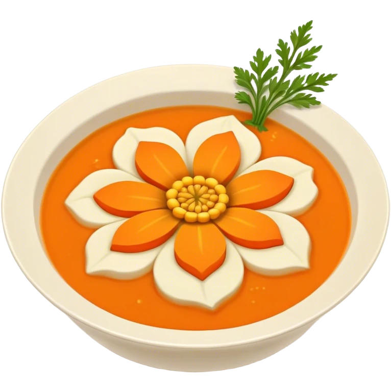 Soup with carrots in shape of orange flowers emoji