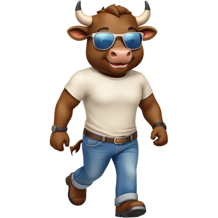 smiling bull character in jeans, t-shirt, and sunglasses, walking quickly emoji