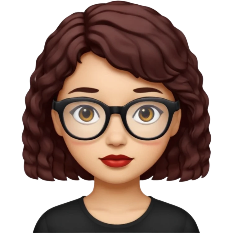 niña con pelo corto con ondas color negro rojiso con lentes negros emoji