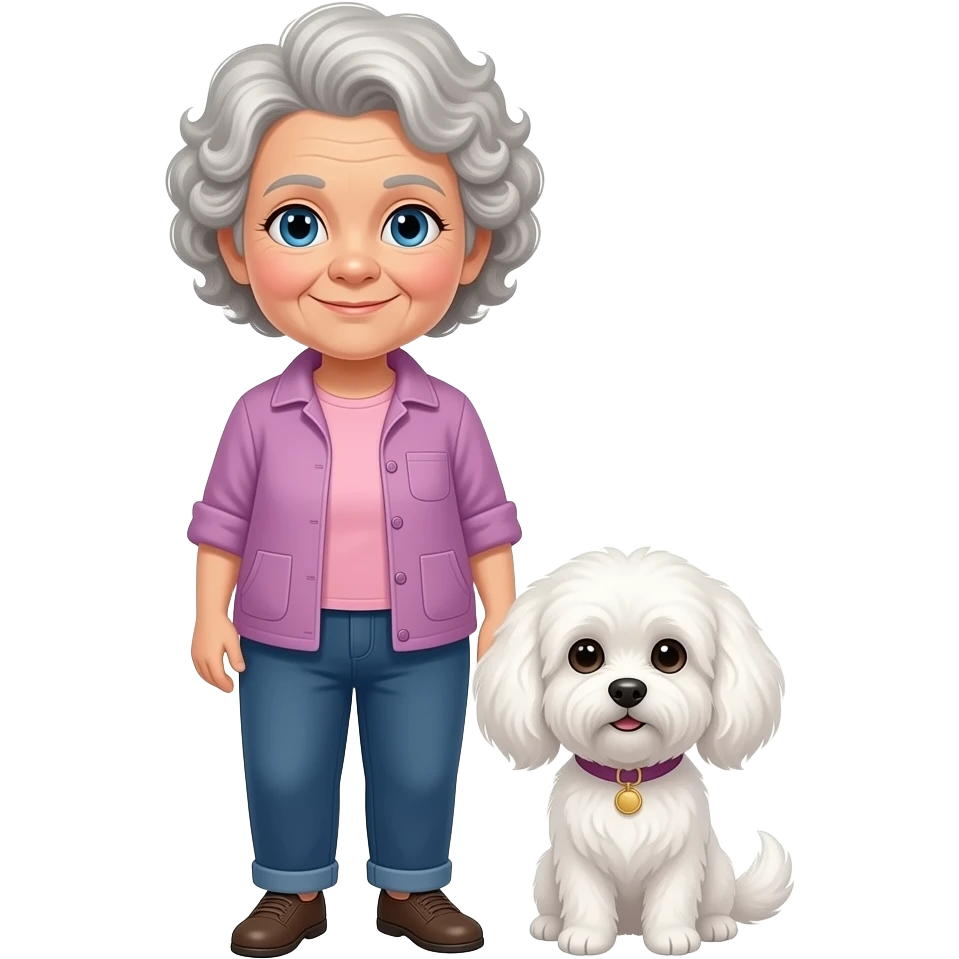 Elderly woman blue eyes very curly hair with maltese dog emoji
