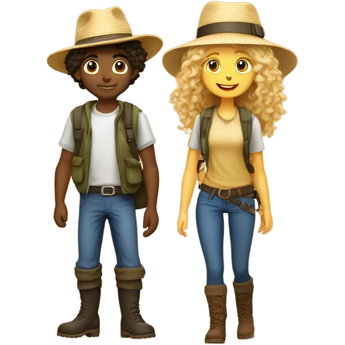 A short blonde long-haired girl in a hat and a curly-haired boy in a hat and boots hike in the Canary Islands emoji